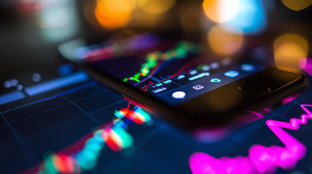A smartphone with a stock market trading app open, showing price movements and trading volume.の素材