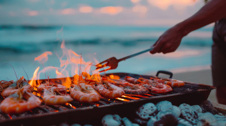 A person grilling shrimp on a beachside barbecue, with the ocean waves in the backgroundの素材