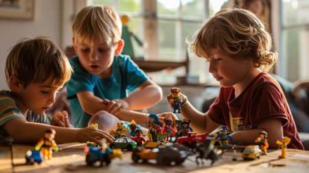Children playing with action figures and creating imaginative scenariosの素材