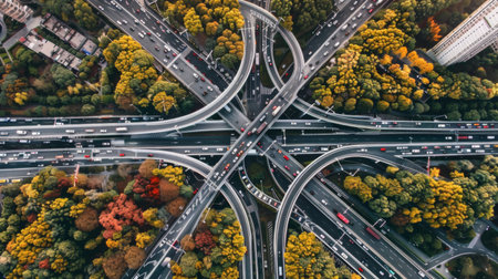 Aerial view of highways merging into a bottleneck, causing traffic congestionの素材