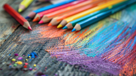 A vibrant colored pencil drawing of a landscape, with pencils scattered aroundの素材