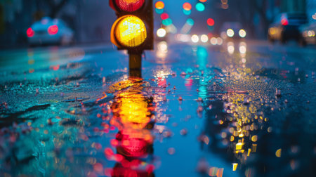 A traffic light reflected on a rainy road surface, with water droplets and colorful lightsの素材
