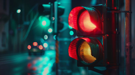 Close-up of a traffic light changing from red to green, captured during a transitionの素材