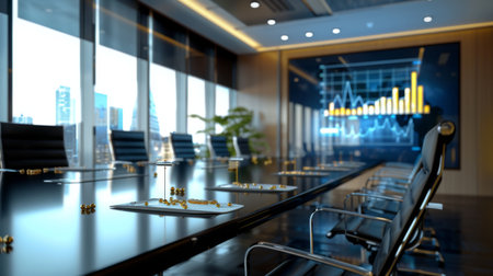 A business presentation in a conference room with a large screen displaying a gold price graph.の素材