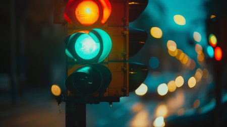 Close-up of a traffic light changing from red to green, captured during a transitionの素材