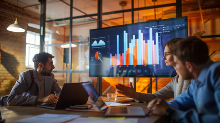 A business meeting with a large monitor displaying an interactive bar graph, as team members brainstorm.の素材