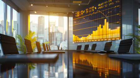 A business presentation in a conference room with a large screen displaying a gold price graph.の素材