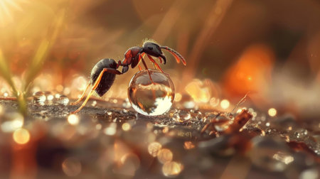 A close-up of an ant drinking water from a droplet, capturing a rare moment of their everyday life.の素材