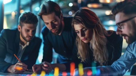 A group of colleagues huddled around a table, examining financial graphs and discussing investment opportunities.の素材