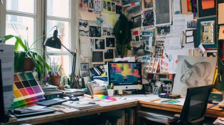 A panoramic view of a designer's desk cluttered with sketches, color swatches, and a computer, showing creative chaos.の素材