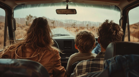 A family enjoying a road trip, captured from the backseat with kids looking out the window at passing landscapes.の素材