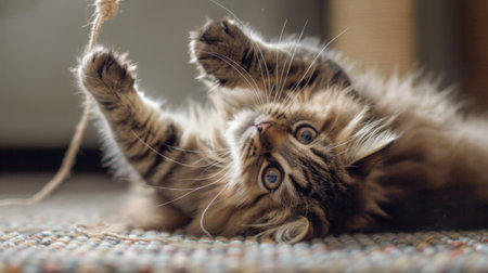 A fluffy, plump cat rolling on its back on a carpet, playfully swatting at a dangling toy.の素材