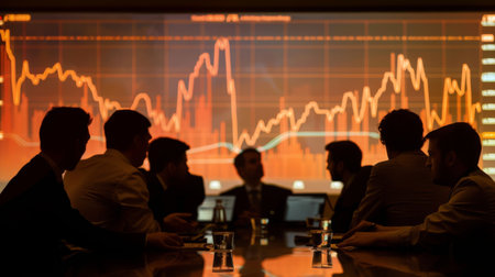 A group of colleagues discussing investment strategies with a gold price graph displayed on a projector screen.の素材
