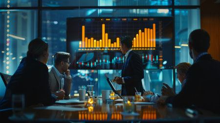 A group of professionals in a meeting room, analyzing a gold price graph displayed on a large monitor.の素材