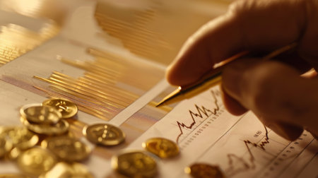 A hand pointing at a gold price graph on a printed report during a financial meeting.の素材