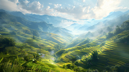 A picturesque rural landscape with rice terraces cascading down mountain slopes, under a sunny sky.の素材