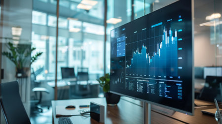 A modern office with a large screen on the wall showing a financial graph, indicating growth and progressの素材