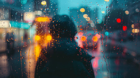 A person's reflection in a rain-soaked window, with city lights twinkling amidst the downpour outside.の素材