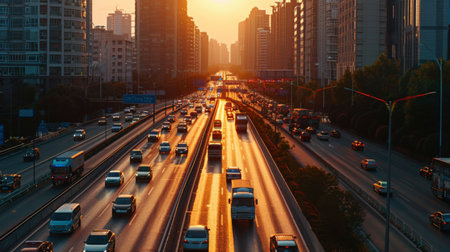 A panoramic view of a modern highway with cars and trucks commuting between cities, emphasizing transportation infrastructure.の素材