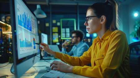 A professional setting up a bar graph on a computer for a video conference, with colleagues in the background.の素材