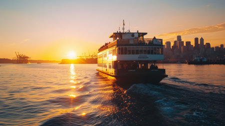A ferry transporting passengers across a busy harbor, with city skyline in the background during golden hour.の素材