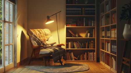 A cozy reading nook in a minimalist home, featuring a comfortable chair, floor lamp, and a small bookshelf.の素材