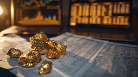 A detailed gold price graph printed on a document, surrounded by financial reports and charts on a deskの素材