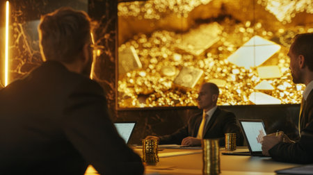 A group of professionals in a meeting room, analyzing a gold price graph displayed on a large monitor.の素材