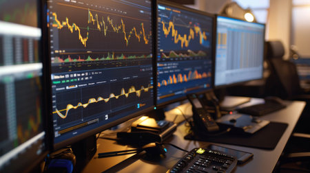 A financial analyst's workspace with multiple monitors displaying gold price graphs and market data.の素材