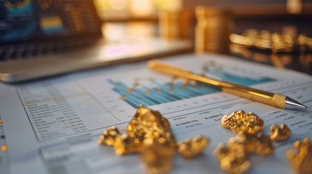 A detailed gold price graph printed on a document, surrounded by financial reports and charts on a deskの素材