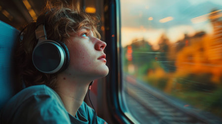 A person on a long train journey, looking out the window with over-ear headphones on, lost in thought.の素材