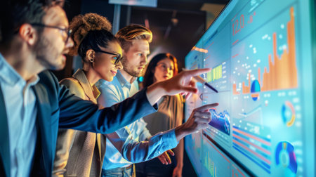 A group of young professionals gathered around a large monitor, discussing a financial graph and planning their next move.の素材