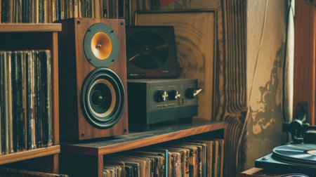 A high-end bookshelf speaker on a wooden shelf, surrounded by vinyl records and a turntable.の素材