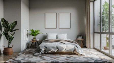 A minimalist bedroom with a platform bed, geometric rug, and minimalist artwork on the walls.の素材