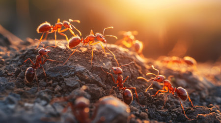 A group of ants working together to build an anthill, highlighting their teamwork and industrious nature.の素材