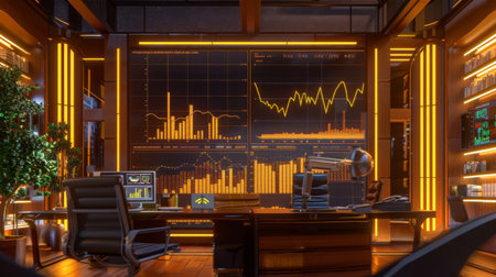A modern office setup with a gold price graph displayed on a large screen, surrounded by data chartsの素材