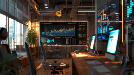 A modern office setup with a gold price graph displayed on a large screen, surrounded by data chartsの素材