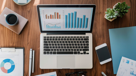 A high-angle view of a workspace with a laptop displaying a bar graph and financial documents spread out.の素材