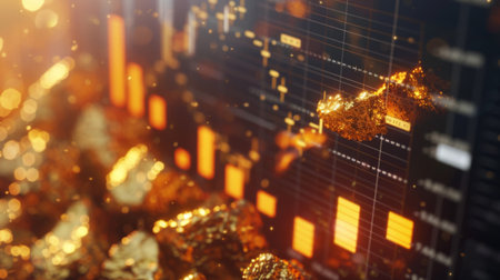 A financial news broadcast with a gold price graph on the screen, indicating market updates and trends.の素材