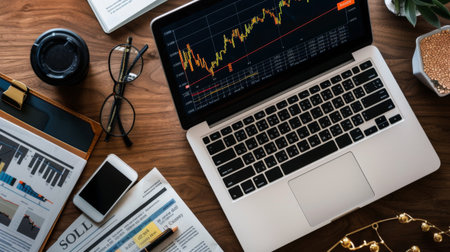 A high-angle view of a desk with a laptop displaying a gold price graph and financial documents spread outの素材