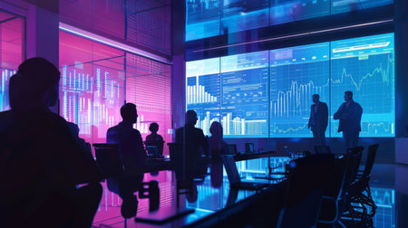 A meeting room with a presentation screen displaying complex financial graphs, while businesspeople discuss strategies.の素材