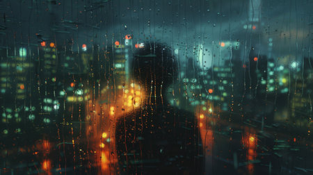A person's reflection in a rain-soaked window, with city lights twinkling amidst the downpour outside.の素材