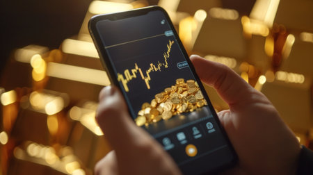 A person holding a smartphone displaying a gold price graph, with a focus on rising prices.の素材