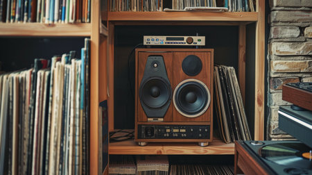A high-end bookshelf speaker on a wooden shelf, surrounded by vinyl records and a turntable.の素材