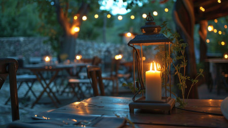 A rustic lantern with a candle inside, illuminating a cozy outdoor dining area at twilight.の素材