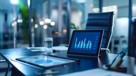 A sleek modern office with a bar graph displayed on a tablet, showcasing the latest financial data.の素材