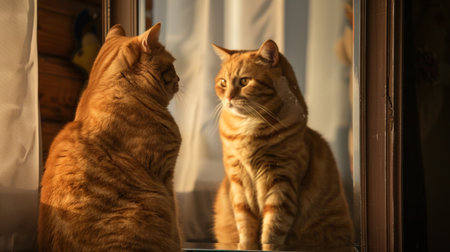 An overweight cat sitting in front of a mirror, seemingly admiring its own reflection.の素材