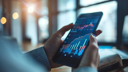 A smartphone screen showing a vibrant financial graph, held by a businessperson analyzing market trendsの素材