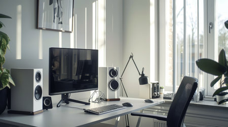 A sleek sound system in a minimalist home office, providing background music while working.の素材