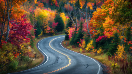 A rural road winding through autumn foliage with trees displaying vibrant colors, perfect for seasonal travel.の素材